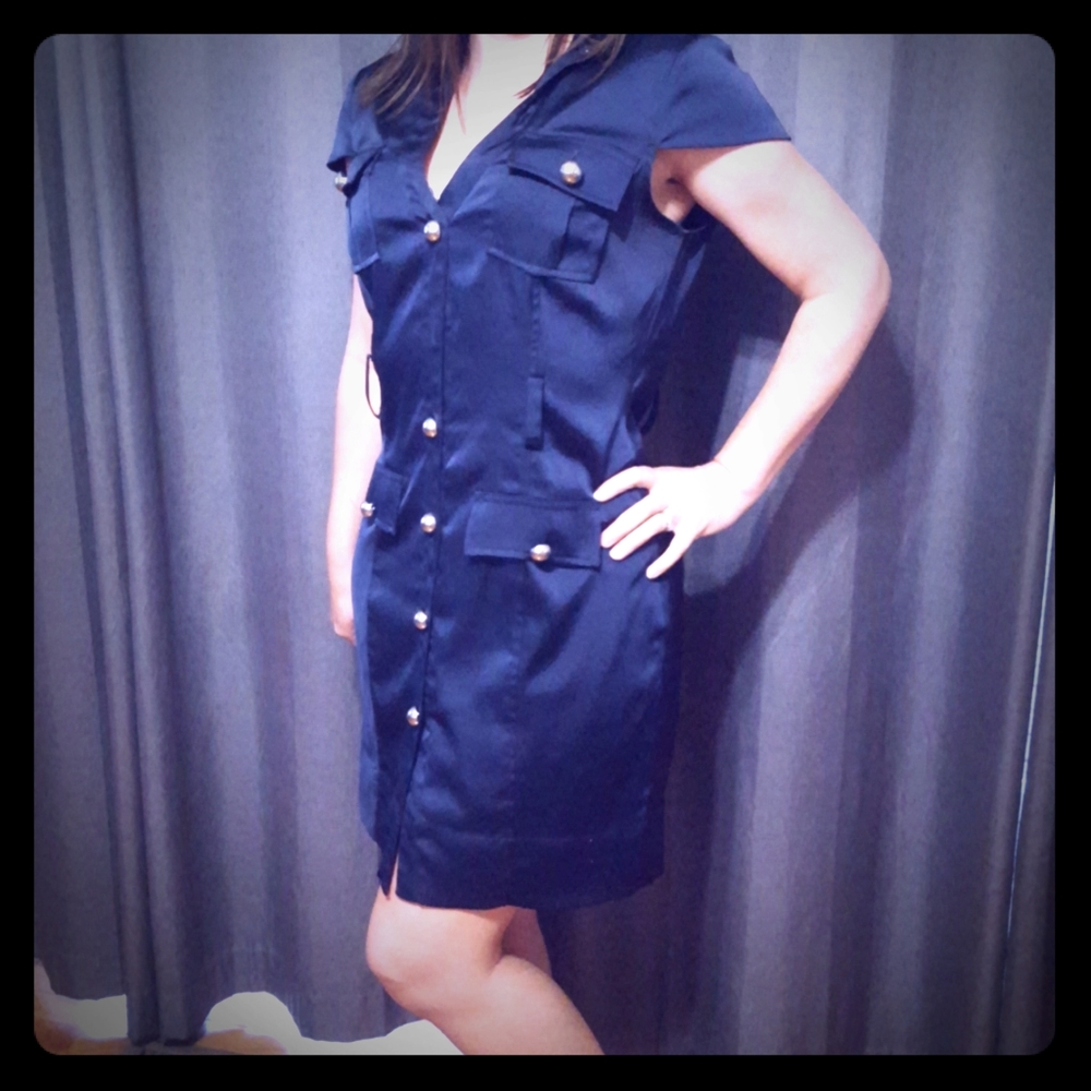 Express Navy blue Silk Dress with Silver Buttons
